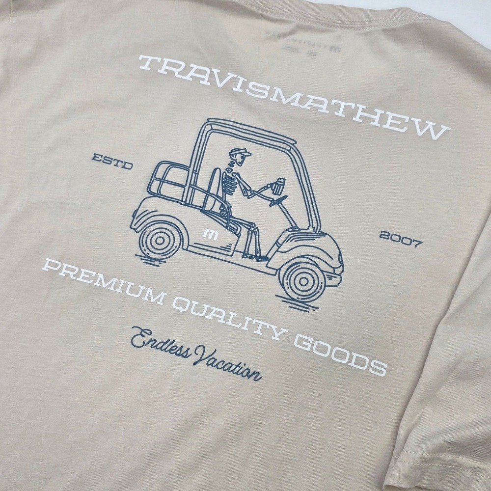 TRAVISMATHEW ENDLESS VACATION GOLF SHIRT MENS 2XL XXL TAN GRAPHIC CART DRINK EUC